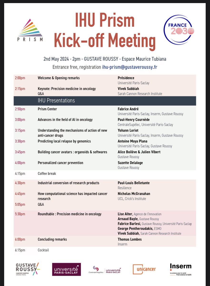 The kick-off Meeting of the @PrismCenter IHU-A will be on Thursday May 2nd. It’s an opportunity to organise a nice seminar around Precision Medicine w @VivekSubbiah & @NickyMcGranahan as speakers. you are welcome to join us (+ there is a cocktail at the end 🥂🧉🍹🥤🧃🍵☕️ !)