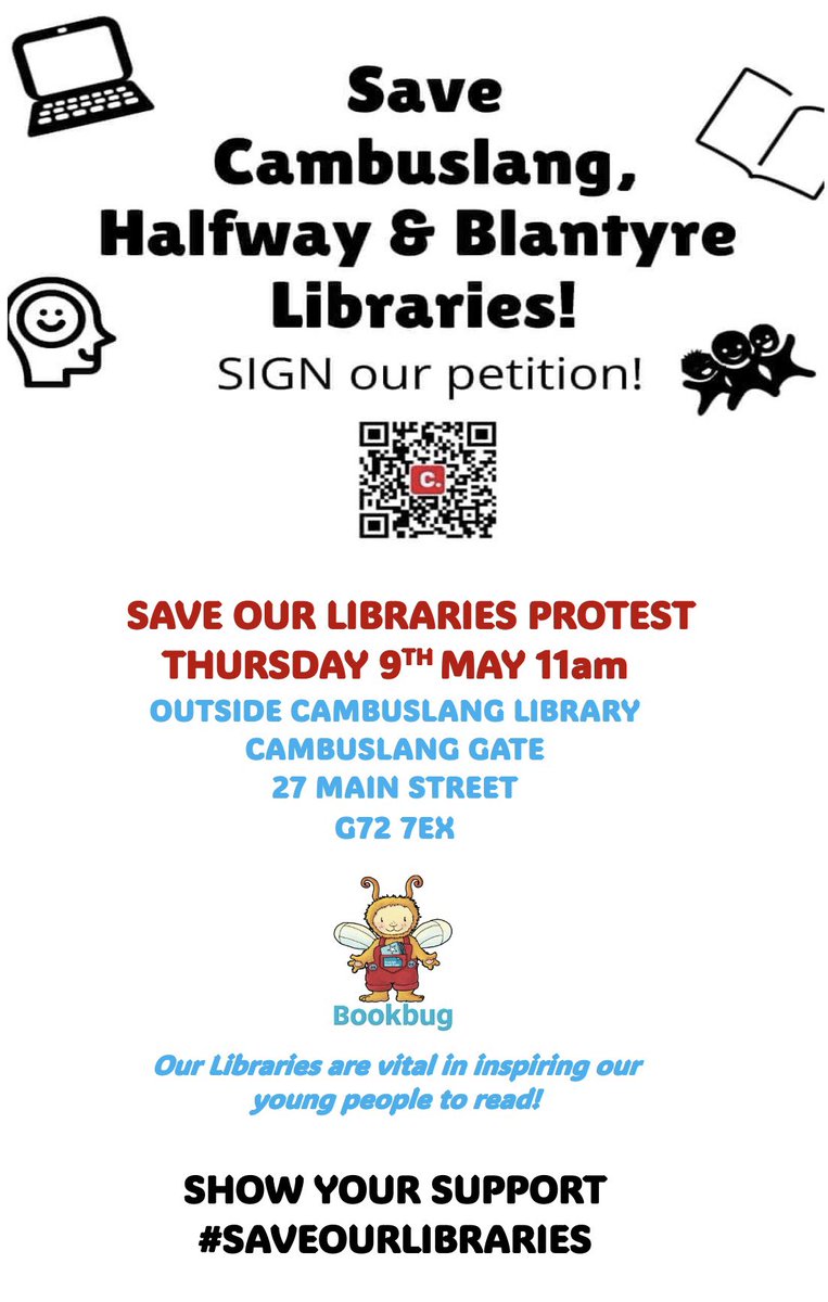 Please support and share this as much as possible with another upcoming protest being organised alongside the libraries action group @CambuslangCC #librariesarealifeline change.org/SaveOurLibrari…