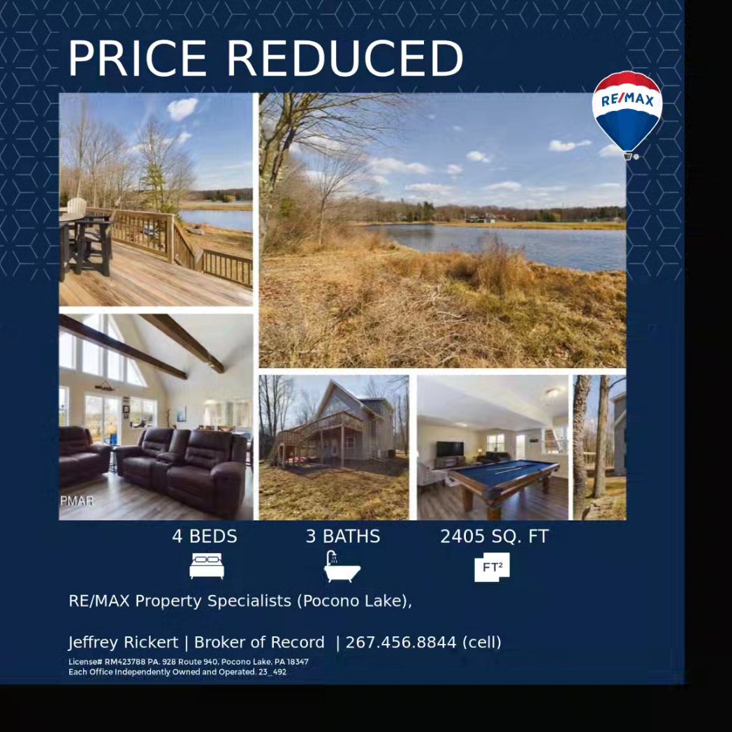 NEW PRICE 
LAKEFRONT 
RE/MAX Property Specialists 

570.972.2940

#lakefront #lake #poconos #lakefrontproperty  #lakehome #brokerjeff #newprice #arrowhead