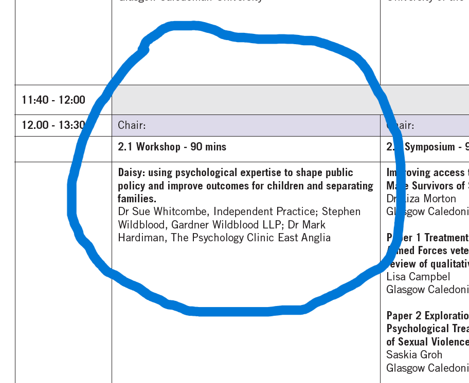 Absolutely delighted to bring this workshop to @dcopuk conference with @markhardiman1 & former District Family Court Judge Stephen Wildblood KC. Drawing on psychology to explore better systems to improve outcomes for children & families ... bps.org.uk/event/dcop-ann…