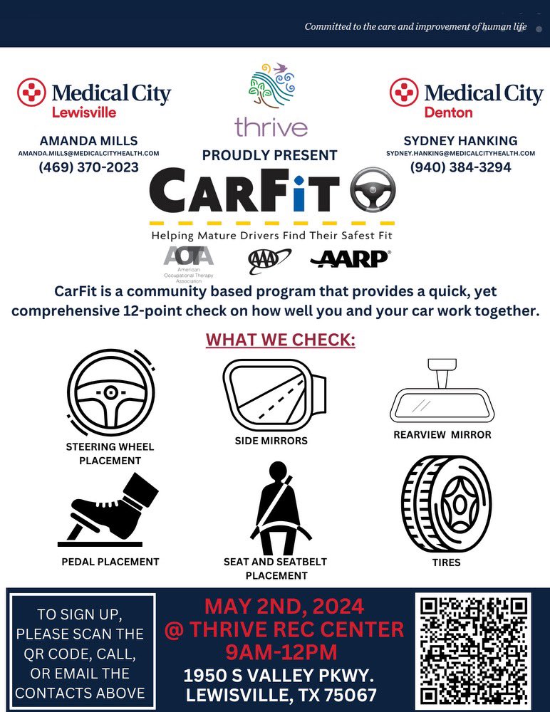 Have you ever wondered if your car still has what it takes to keep you and your family safe? Come join Medical City Denton at the Thrive Rec Center this Thursday for a free 12-point check.