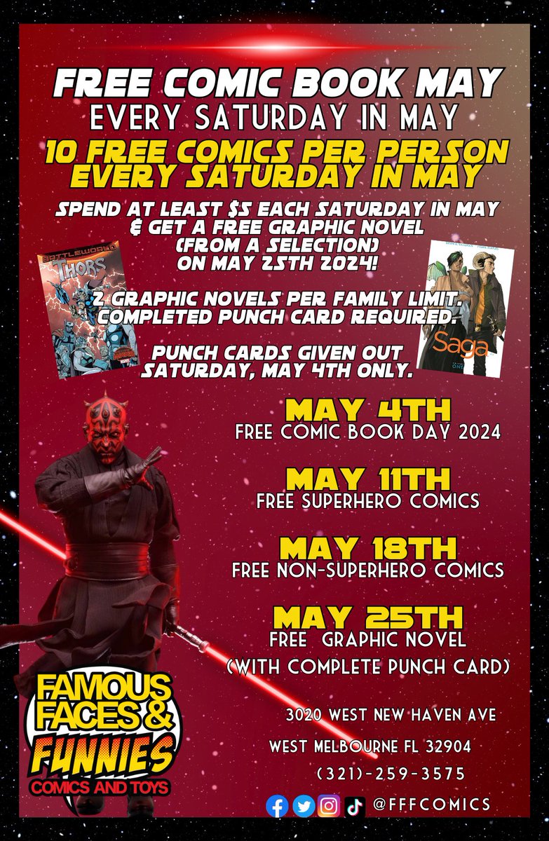 Join us on Saturday, May 4th for our FAVORITE event of the year: FREE COMIC BOOK DAY! 10 FREE comics to EVERYONE that stops by 5/4/24!  #fcbd #freecomicbookday #lcs📷 #comicsareforeverybody #readmorecomics #comics #comicbooks #supportyourlcs