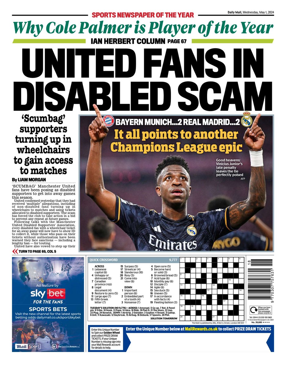 MAIL SPORT: Unites fans in disabled scam #TomorrowsPapersToday