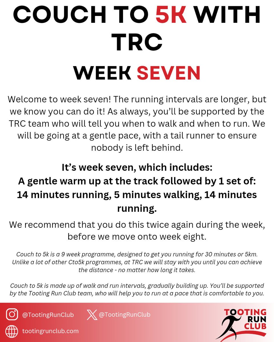 Here's a look at our midweek run schedule for tomorrow, including couch to 5k week 7. You can book free tickets on Eventbrite at: eventbrite.co.uk/o/tooting-run-…