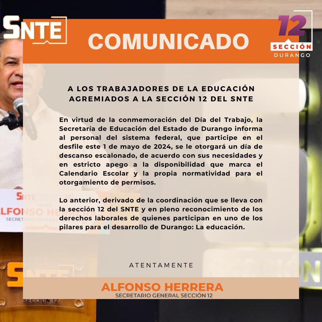 #TodosSomosUno
#UnoSomosTodos

‼️ COMUNICADO‼️

A los Trabajadores de la Educación, Agremiados a la Sección12 del SNTE.

#SomosSNTE12