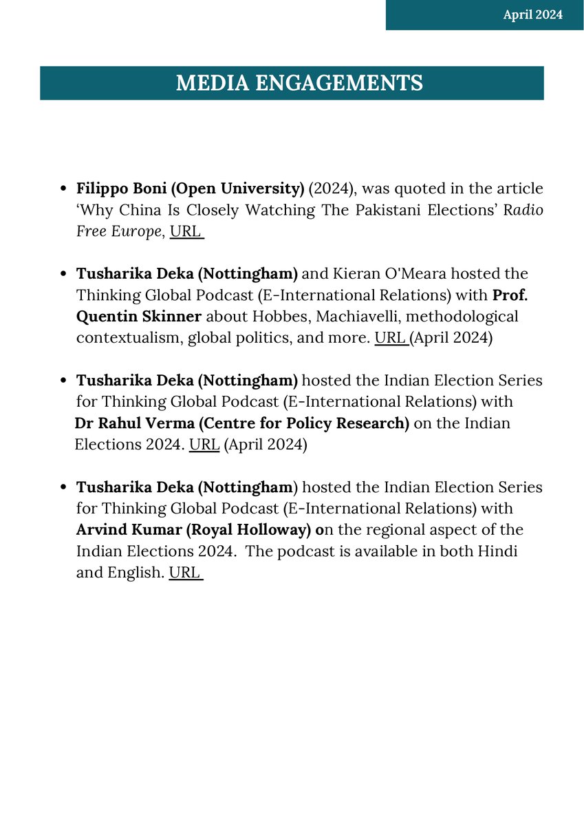 New update📩 Please check our quarterly newsletter for April 2024 to learn more about the excellent work our South Asia Specialist group has done. Our featured early career researcher is @yadugar_ doctoral researcher @NU_PolicySchool and Fellow @HarvardSTS