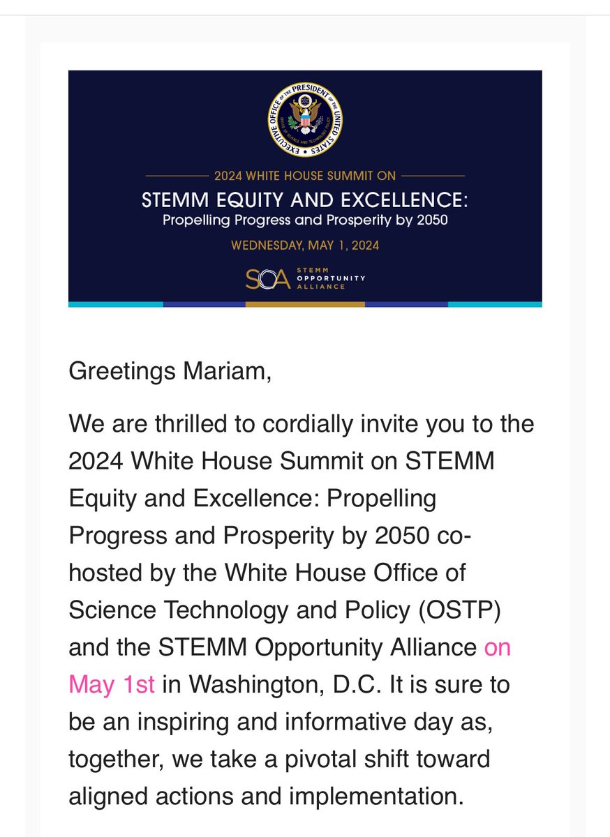 Thrilled and honored to be invited to the 2024 White House Summit on STEMM Equity and Excellence! Looking forward to learning and contributing to this critical work. Don’t miss the live-streamed plenary session at 9am EST tomorrow: bit.ly/WHsummit2024 #STEMMForAll