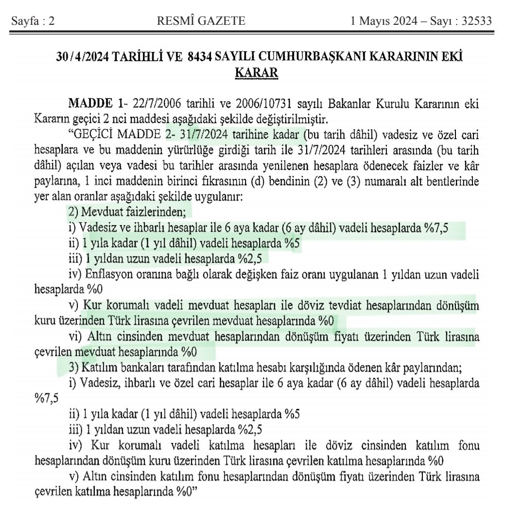 TL Mevduat stopaj vergisi oranları artırıldı. 31 Temmuz'a kadar aşağıdaki oranlar geçerli olacak. KKM hesapları için stopaj vergisi %0. ⤵️