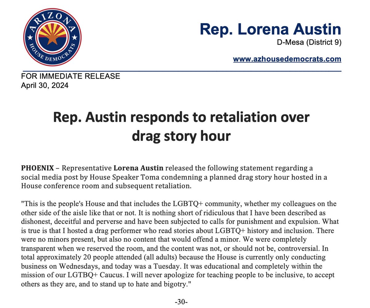 PRESS RELEASE: Rep. Austin responds to retaliation over drag story hour #azleg