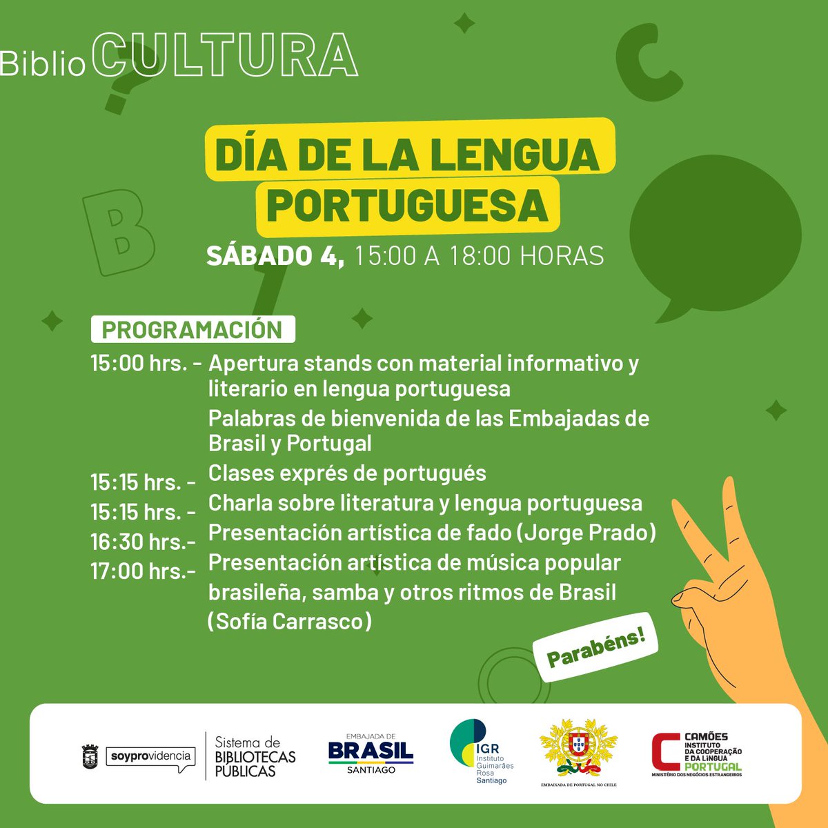 DÍA MUNDIAL DE LA LENGUA PORTUGUESA🇧🇷🇵🇹 Este sábado 4, traemos lo mejor de Brasil y Portugal, para celebrar toda su cultura y lengua, junto a @BiblioProvi. Clases exprés, charlas, presentaciones y más, te esperamos en el Café Literario de Parque Bustamante, ¡GRATIS!