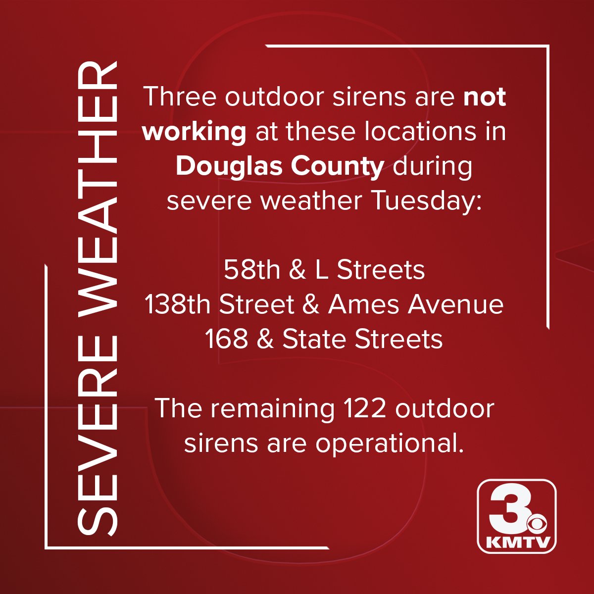 BE AWARE: Outdoor sirens at these three locations are not operational right now. Pass along if you know someone living in these areas. Updates: 3newsnow.com/weather/weathe…