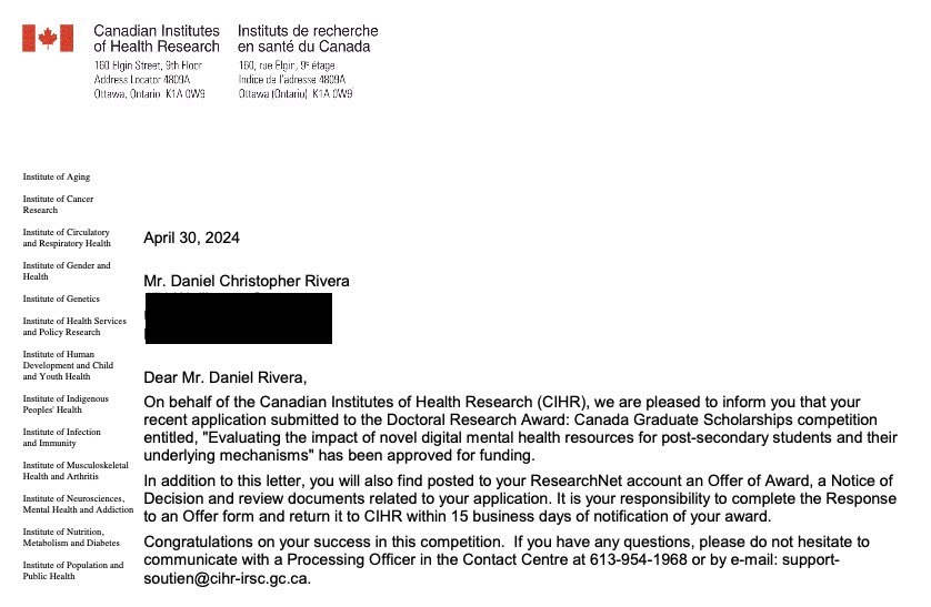 Daniel Rivera (@danielrivera_14) on Twitter photo Honoured to receive a Canada Graduate Scholarship - Doctoral (CGS-D) from <a href="/CIHR_IRSC/">CIHR</a>
Thank you to my supervisor, Anne Duffy, classmates, colleagues, and friends/family for your support over the years!
<a href="/queensu/">Queen's University</a> <a href="/QueensUHealth/">Queen's Health Sciences</a> <a href="/QueensMDPhD/">Queen's MD/PhD</a> <a href="/QueensMDPhD/">Queen's MD/PhD</a> <a href="/QueensU_CNS/">Neuroscience at Queen's University</a> <a href="/UFlourishQU/">U-Flourish Queen's</a> Honoured to receive a Canada Graduate Scholarship - Doctoral (CGS-D) from <a href="/CIHR_IRSC/">CIHR</a>
Thank you to my supervisor, Anne Duffy, classmates, colleagues, and friends/family for your support over the years!
<a href="/queensu/">Queen's University</a> <a href="/QueensUHealth/">Queen's Health Sciences</a> <a href="/QueensMDPhD/">Queen's MD/PhD</a> <a href="/QueensMDPhD/">Queen's MD/PhD</a> <a href="/QueensU_CNS/">Neuroscience at Queen's University</a> <a href="/UFlourishQU/">U-Flourish Queen's</a>