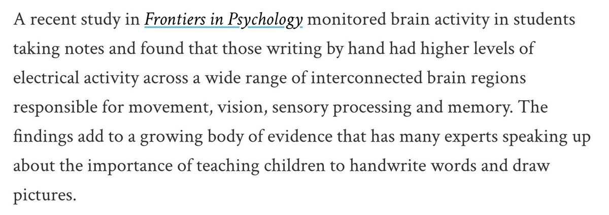 This is fascinating. 'Engaging the fine motor system to produce letters by hand has positive effects on learning and memory.' @sciam scientificamerican.com/article/why-wr…