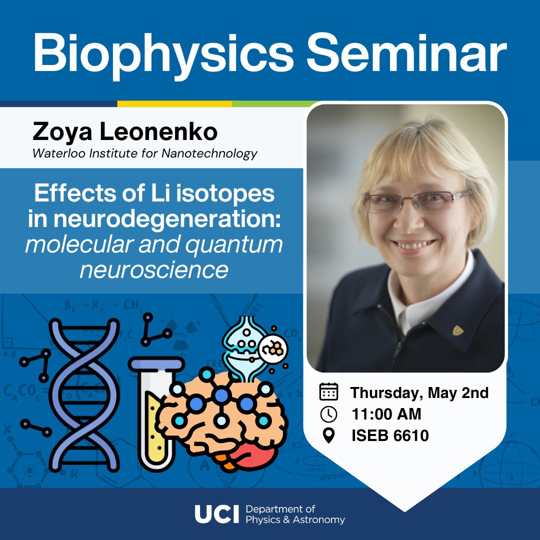 UCI Physics & Astro (@uciphysastro) on Twitter photo Zoya Leonenko from <a href="/WINano/">Waterloo Institute for Nanotechnology</a> will visit us on Thursday to speak about the #molecular and #quantum #neuroscience of lithium and its role in neurodegeneration.
<a href="/UCIPhysSci/">UC Irvine School of Physical Sciences</a> <a href="/UCIrvine/">UC Irvine</a> Zoya Leonenko from <a href="/WINano/">Waterloo Institute for Nanotechnology</a> will visit us on Thursday to speak about the #molecular and #quantum #neuroscience of lithium and its role in neurodegeneration.
<a href="/UCIPhysSci/">UC Irvine School of Physical Sciences</a> <a href="/UCIrvine/">UC Irvine</a>