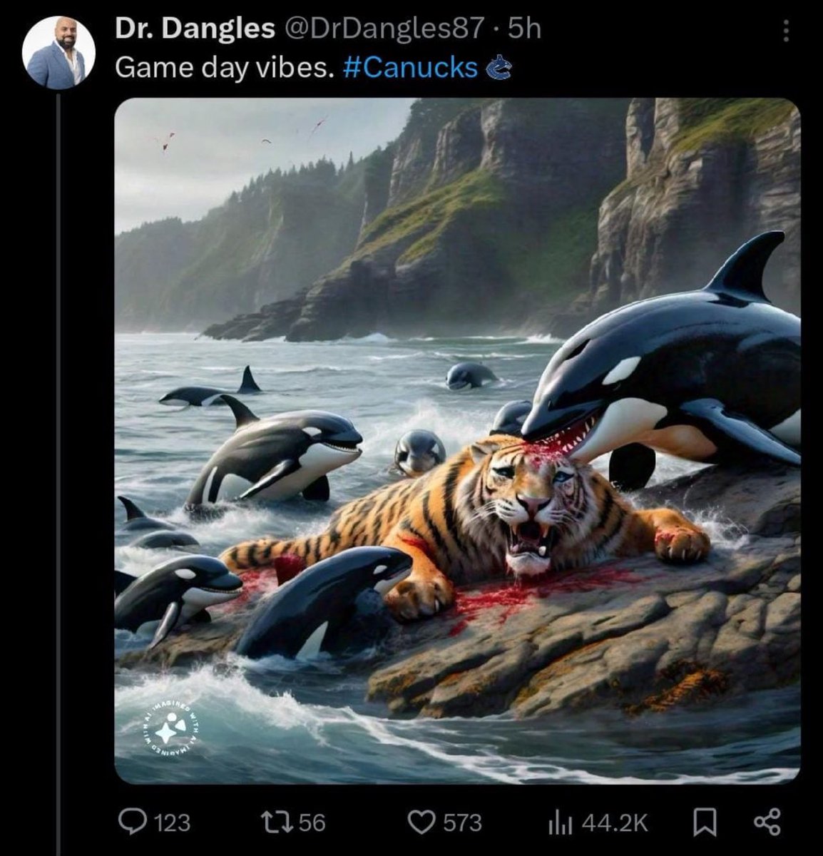 What a choice to double down on your use and support of AI images depicting r*pe. 

What a choice to also f*ck up your meme by using the wrong animal..

Who are the #Canucks playing? The Nashville Bengal Tigers? 

Just the dumbest people doing the dumbest shit over and over.