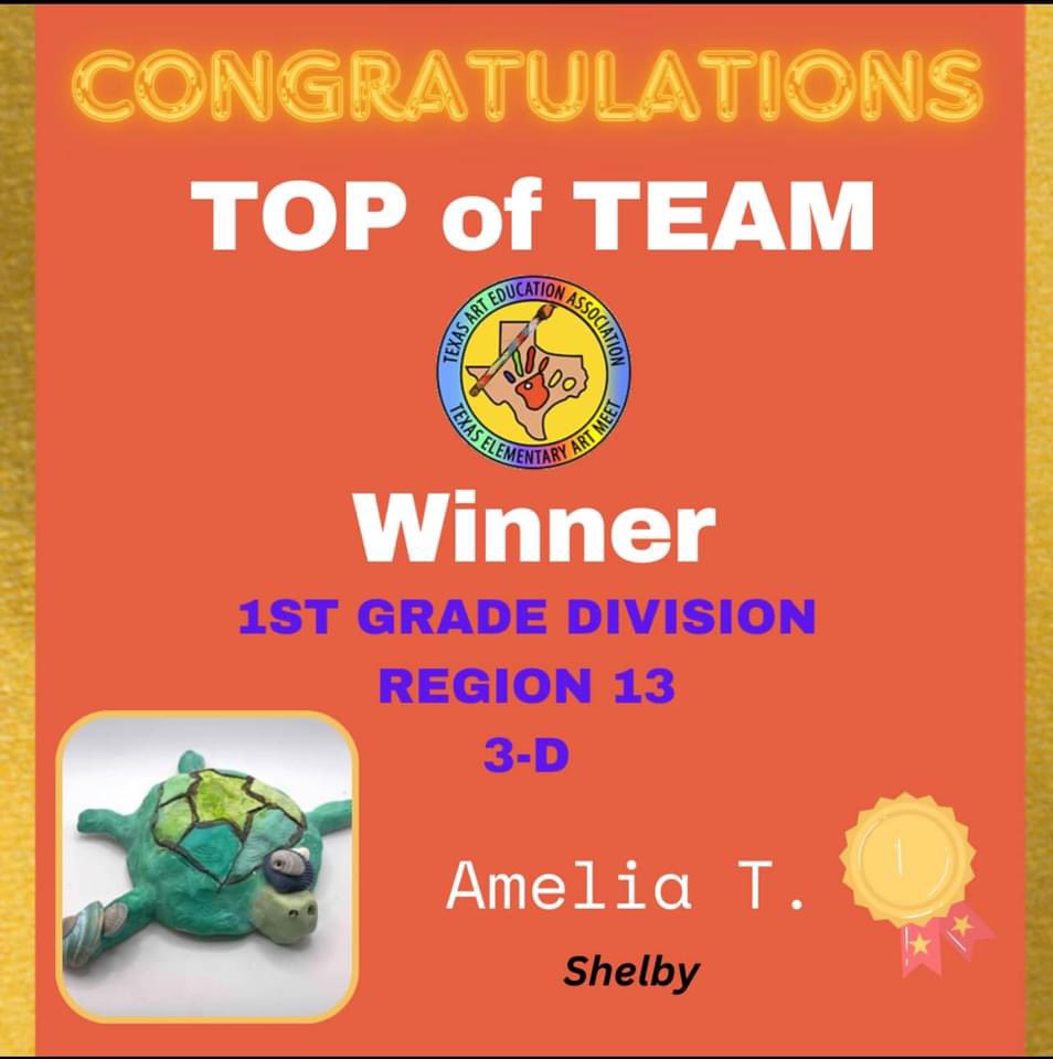 Congrats to our NES @HaysCISD TEAM artists on a successful competition season. Special congratulations goes to Amelia T, in 1st grade. Ameilia’s 3D art piece “Shelby'' received the Region 13 TOP OF TEAM award in the 1st grade division! @HaysFineArts @TXEart @TXarted