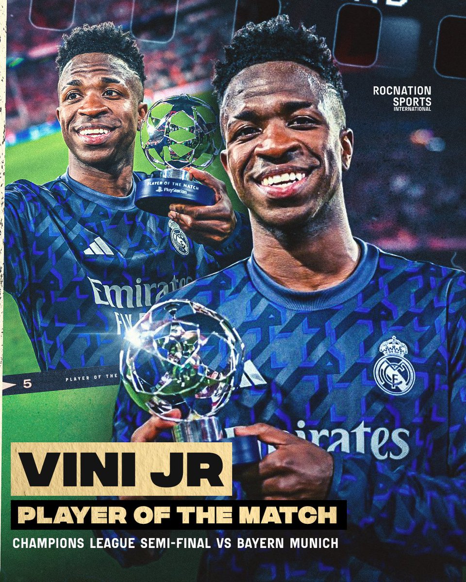 .@vinijr named Player of the Match after a landmark game in the Champions League: ✅ Joined all-time top 10 scorers for Real Madrid in the #UCL ✅ Scored in his third consecutive #UCL semi-final ✅ Scored his 80th Real Madrid goal