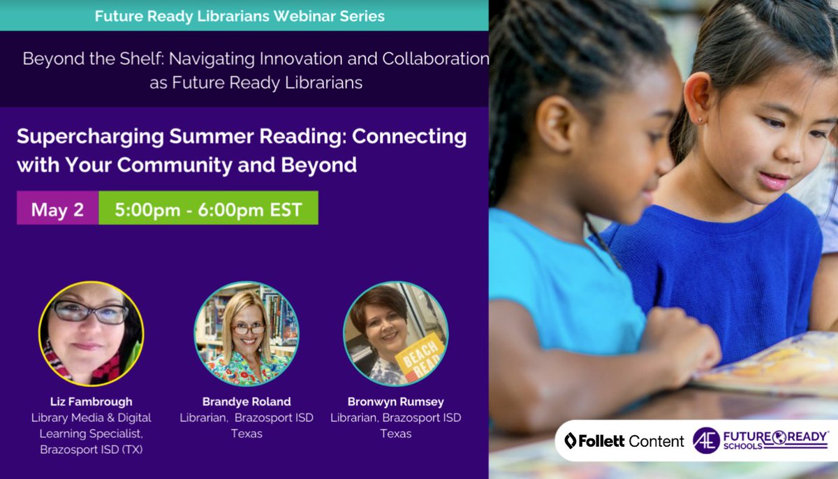 On May 2, three amazing teacher librarians, Liz Fambrough, Brandye Roland, and Bronwyn Rumsey, will join @shannonmmiller in this free #FutureReadyLibs webinar to share ways to supercharge #SummerReading! Register at: bit.ly/3JHAWdu
@All4Ed @FutureReady #EdChat #TLChat