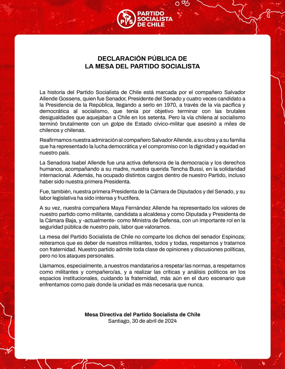 Declaración pública de la mesa del Partido Socialista de Chile.