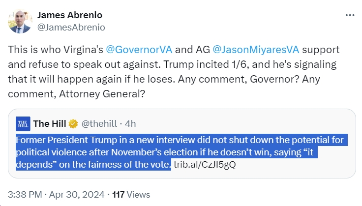 In a sane, well-informed world, the fact that Youngkin and Miyares have endorsed this dangerous wannabe dictator (Trump) should be DISQUALIFYING for holding ANY political office - or for being taken seriously in any way/shape/form. bluevirginia.us/2024/04/trump-… h/t @JamesAbrenio