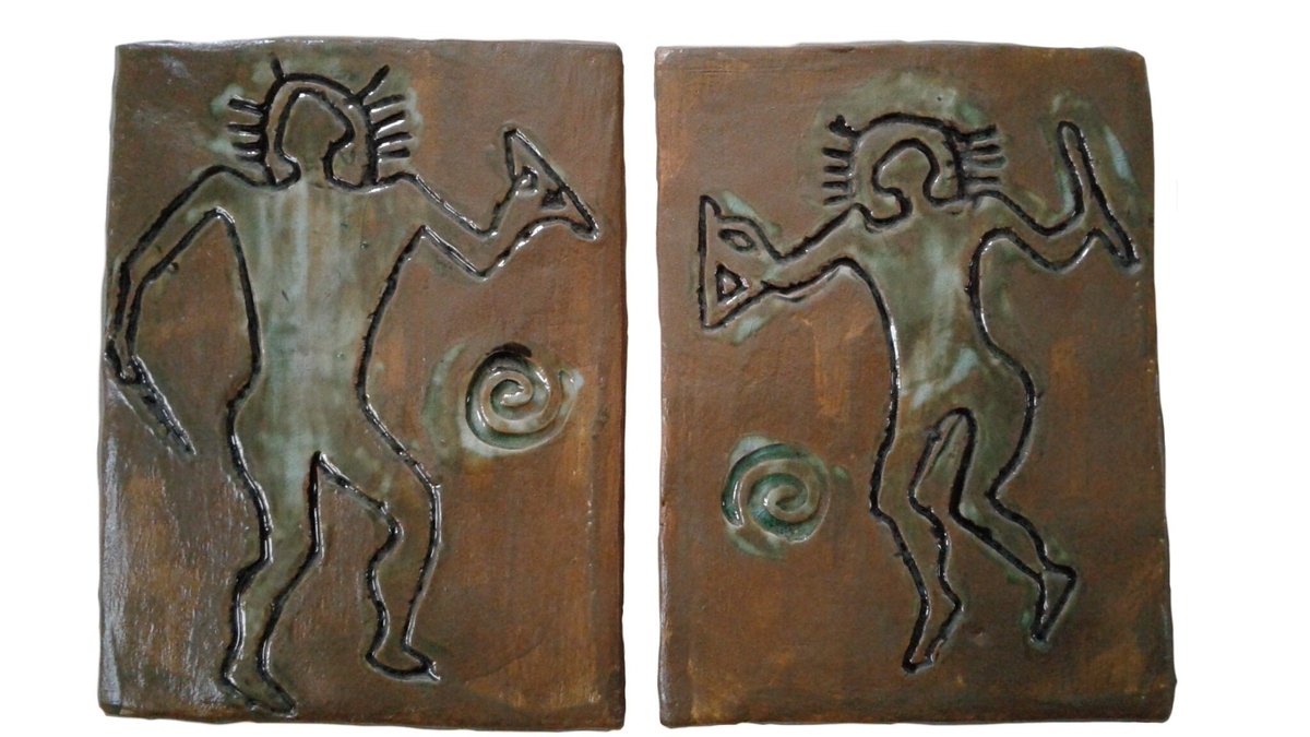 2 Valcamonica Petroglyph Ceramic Tiles 4 x 3 Pottery Wall Decor Ancient Italian Cave Art tuppu.net/79cc2696 #pottery #GaiasSacredCreations #madeincanada #gaiassacredcreations.etsy.com #handmade #ValcamonicaRockArt