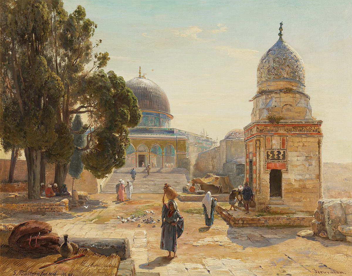 Art by German Orientalist artist Gustav Bauernfeind depicting Jaffa, Jerusalem, and Damascus