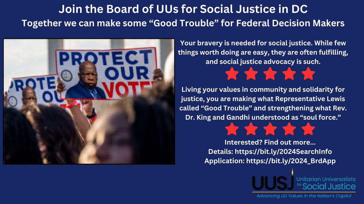 #UUTwitter - Let's use our #UUFaith to make some “Good Trouble” for Federal Decision-makers.  Join the Board of @UUSJ in DC. Few things worth doing are easy, but are often fulfilling -- social justice advocacy is such. See bit.ly/DetailsUUSJBoa…
