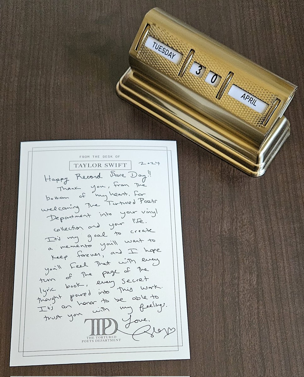 From our Chairman's desk to mine?! The letters arrived at my record store late, but I won the raffle & picked it up today! Grateful to be trusted with your feelings, Chairman 🤍 
#TSTTPD #RSD2024 @taylornation13