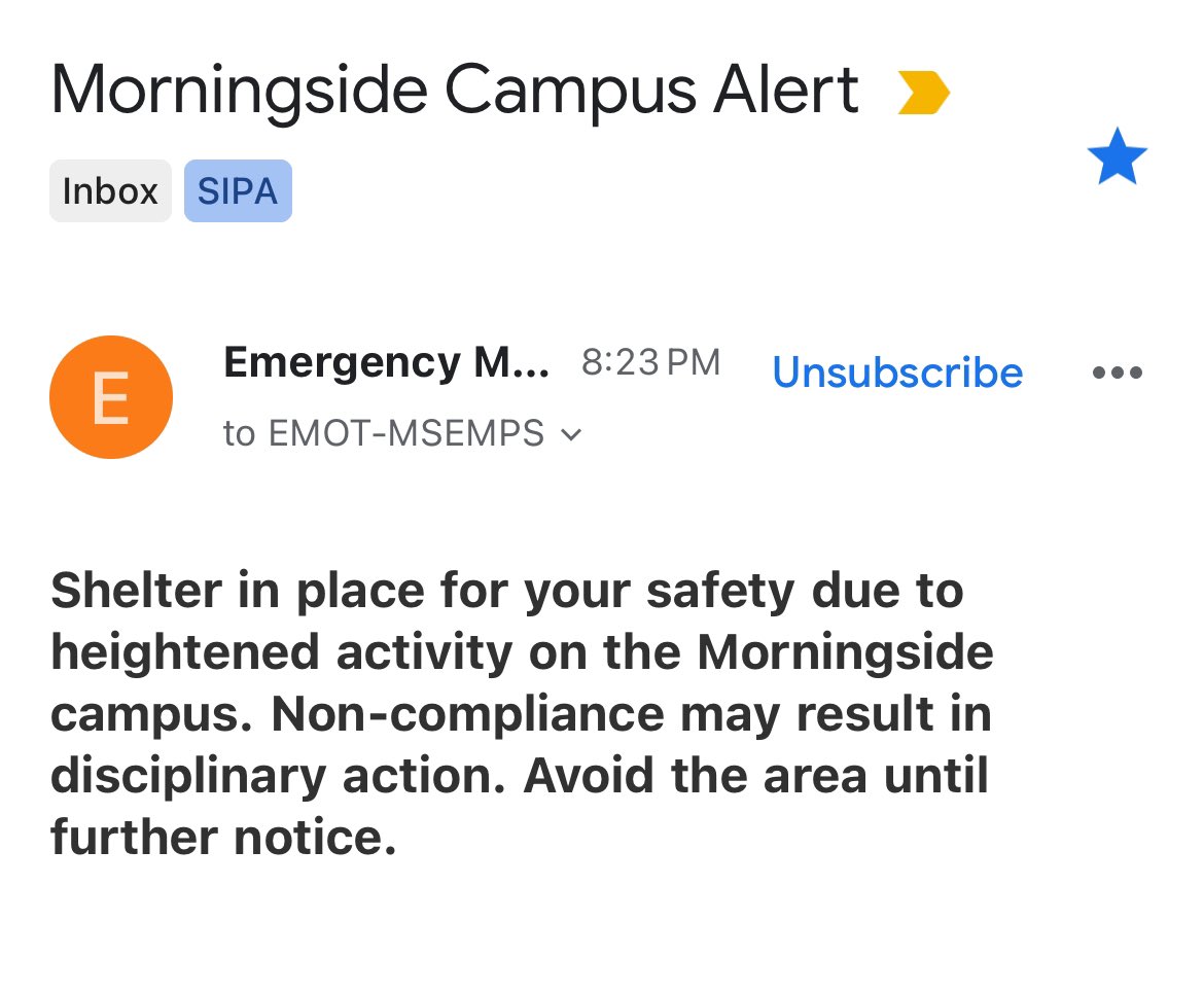 An ominous “shelter in place” alert from Columbia hit just now