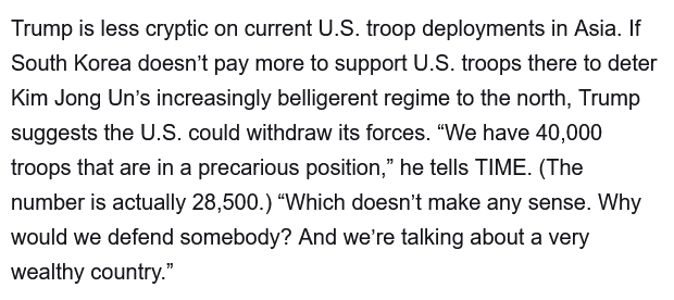 CollinSLKoh's tweet photo. Doesn't seem to bode well for U.S. posture in the Indo-Pacific, especially bad news for Seoul, if Trump returns to office. Read rest of TIME interview with Trump. https://t.co/rBM3A7EU25 https://t.co/6NIP4JBDTT