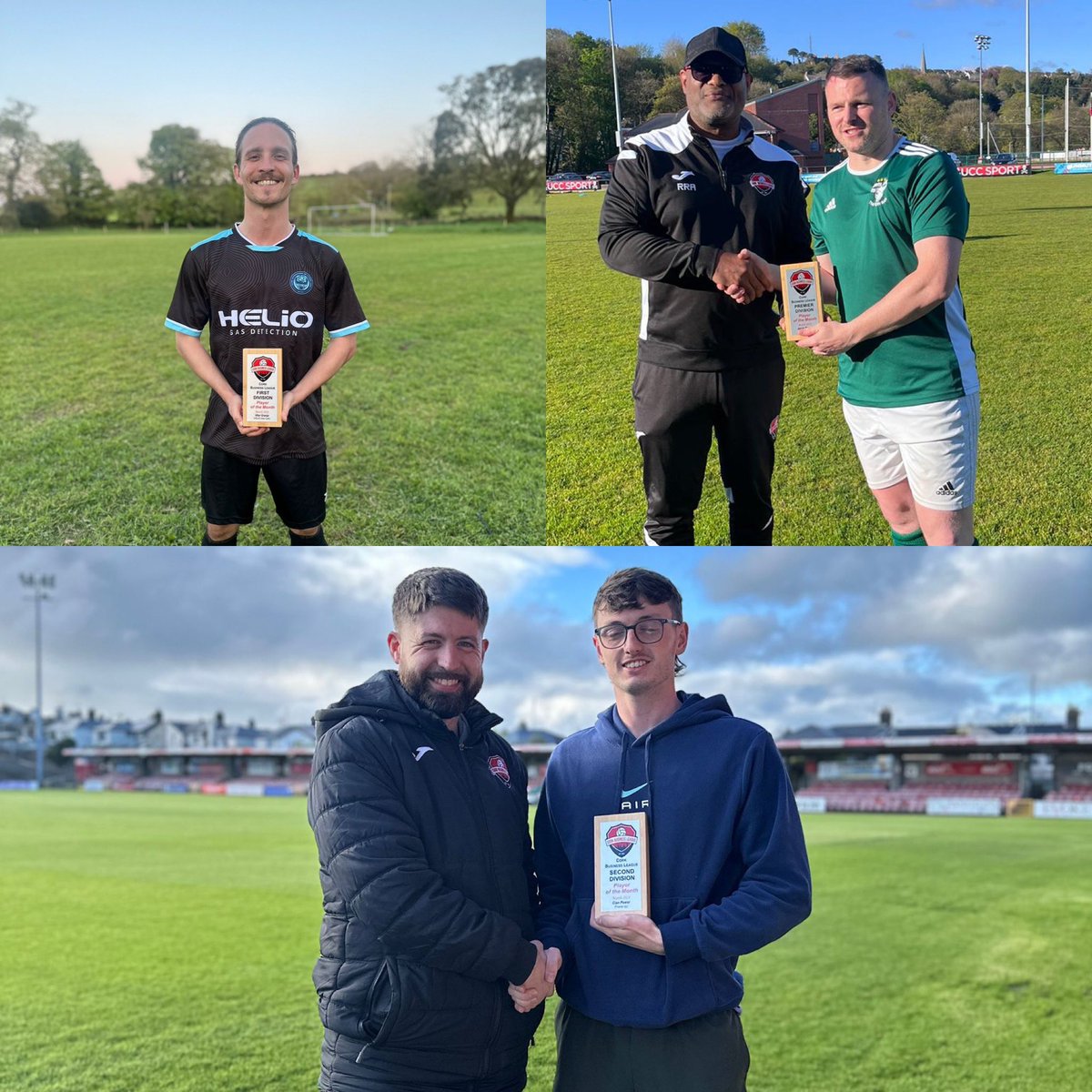 Our 3 March POTMs winners being presented with their awards recently 🫡 Top left: Vitor Granja, with no sign of Committee Member Jamie O’Sullivan🤔 Top right: Jamie Murphy with his bestie Ray Anthony. Bottom: Cian Power & Peter Travers, both on the sacred turf of Turners Cross