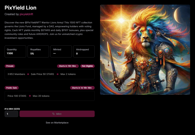 🔥 BREAKING NEWS: <a href="/PixYield_Lion/">👑 PixYield Lion 🦁 | SOLD OUT</a> Collection is now on-chain! 🦁

🚀 The private sale kicks off in 16 hours! To celebrate, we're launching a special #GiveAway! Win a fierce PixYield Warrior Lion #NFTYield! 🌟

To enter:
1️⃣ Like &amp; RT
2️⃣ Tag your crew 🤝
3️⃣ Follow <a href="/PixYieldNFT/">👑 PixYield NFT's 👑 | OFFICIAL KINGDOM</a>