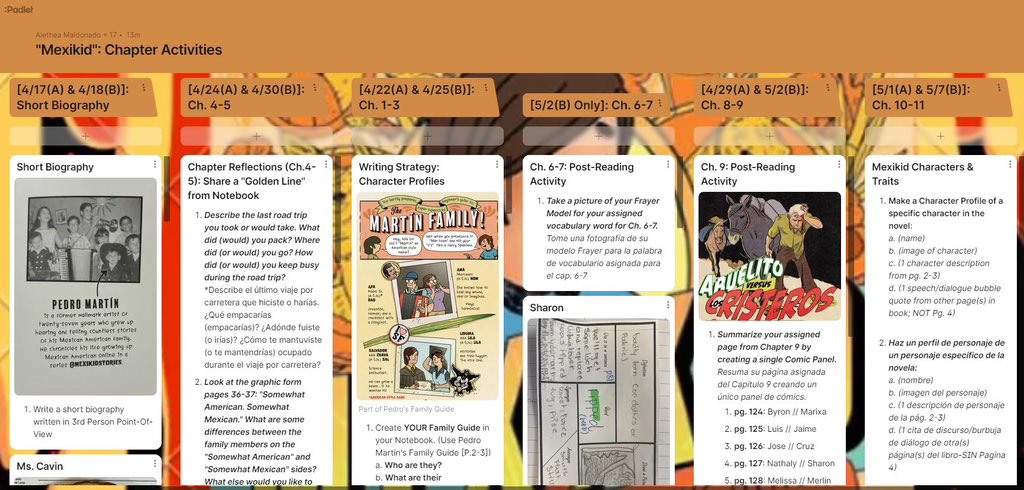 aemaldo's tweet photo. My EB students are laughing-out-loud and making genuine connections while reading #Mexikid by #PedroMartín. Reading along with the audio has been so entertaining! Here’s a peek at our chapter activities! #LatinxKidLit #MulticulturalBooks https://t.co/bAJFw0fw8G