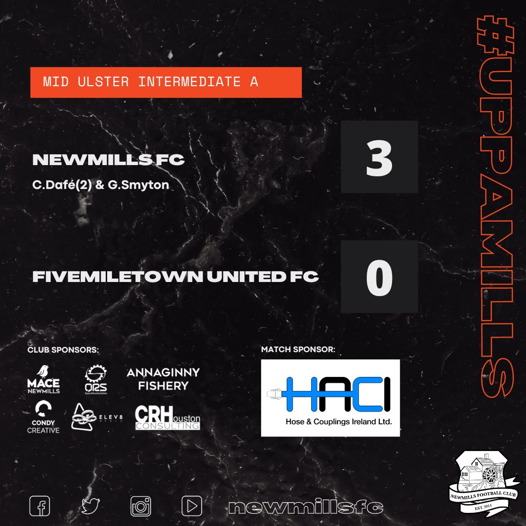 ⚽ Newmills FC 3 - 0 @FivemiletownUtd FC ⚽
Newmills bounced back and earned a 3-0 victory to guarantee their league safety. Massive well done to all the lads and a big thank you to the supporters. All the best to Fivemiletown for the rest of the season.
⚫🟠 #uppamills 🟠⚫