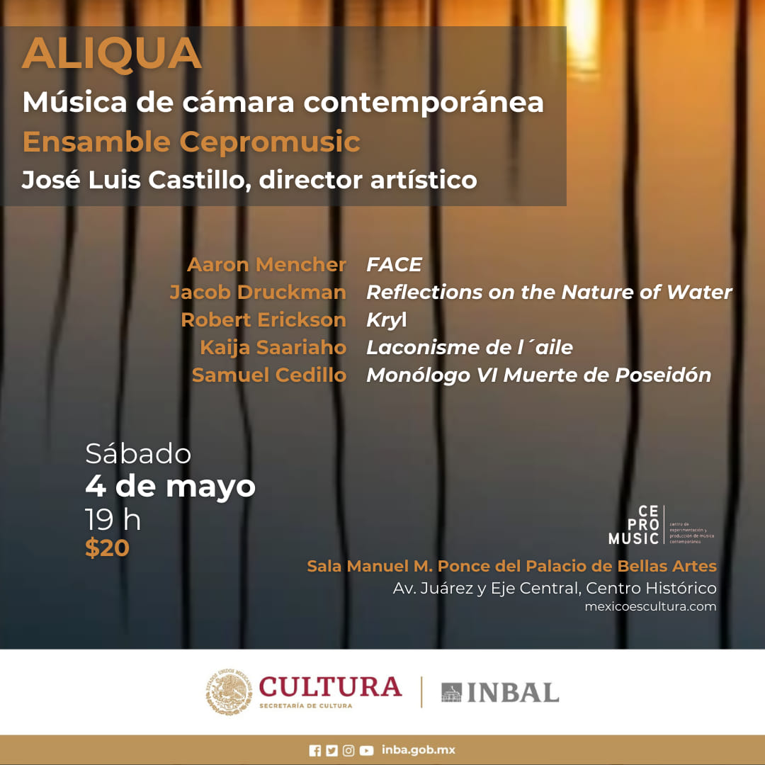 #90AniversarioPBA Escucha con @CEPROMUSIC el programa 'Aliqua, música de cámara contemporánea' con la dirección artística del Mtro. José Luis Castillo. 🎼 ¡Únete a este evento! 🎶 🗓Mayo 4, 19 h 📍Sala Manuel M. Ponce del Palacio de Bellas Artes 🎟 lc.cx/8lYHZT