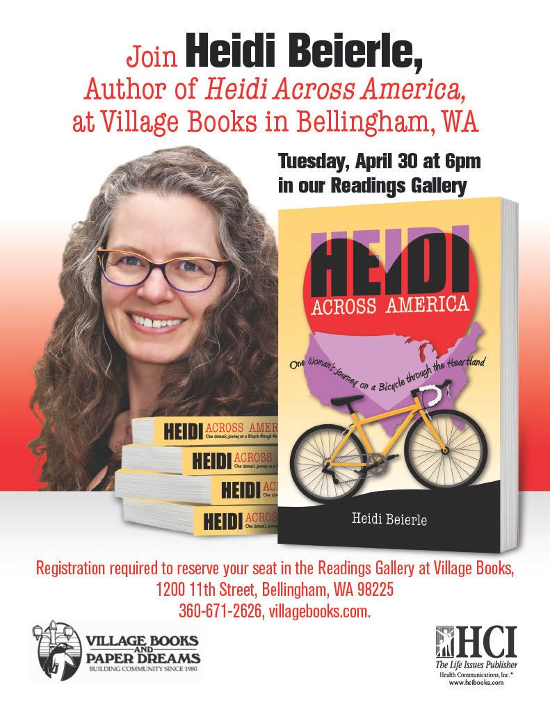 It's publication day for HEIDI ACROSS AMERICA! Heidi will have a book launch tonight at @VillageBksBham in Bellingham, WA. bit.ly/4bmdGh3 #memoir #bicycle