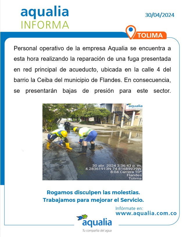 #AqualiaCol_Informa 🇨🇴 | 30 de abril #Tolima 📣 Infórmate aquí con nuestro último para #Flandes.

#AqualiaColombia