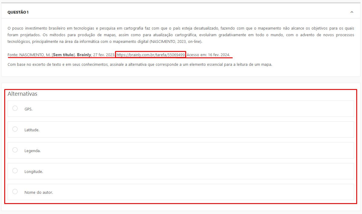 binigouveia's tweet photo. IMAGINE PAGAR pra fazer um curso de TI numa facul particular, ter uma matéria obrigatória 100% online (só tem um material, não tem aulas) de nome ESTUDO CONTEMPORÂNEO E TRANSVERSAL: LEITURA DE IMAGENS, GRÁFICOS E MAPAS e a primeira pergunta da atividade ter como fonte o Brainly,+ https://t.co/9WlA4QqHai
