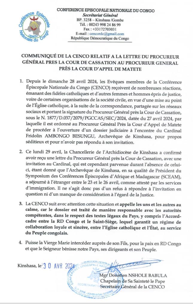 Communiqué de la CENCO relatif à la lettre du Procureur général près la Cour de cassation.