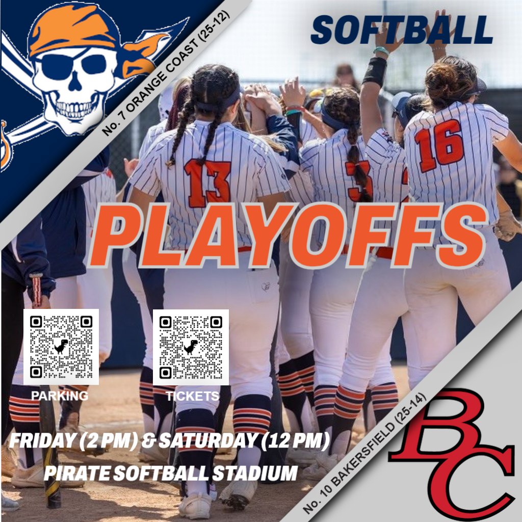 Come one ... come ALL to the Pirate Softball Stadium on Friday (2 p.m.) and Saturday (12 p.m.) as the 7th-seeded Orange Coast College Pirates host No. 10 Bakersfield in a best-of-three series in the Southern California Regional Playoffs! @OCCFastpitch @orangecoast