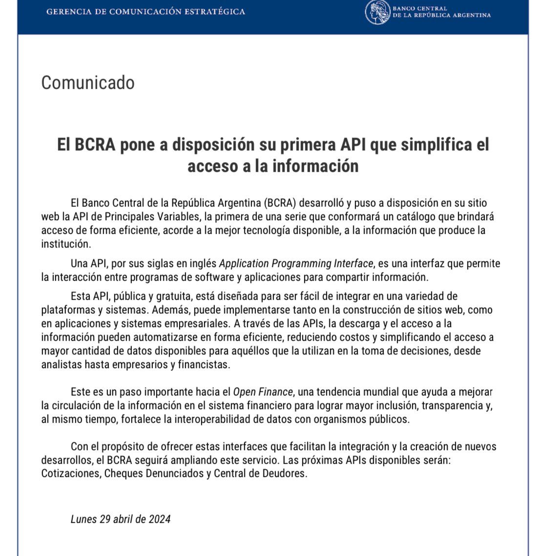 ¡Celebramos el avance del #OpenFinace en la Argentina! 🎉🌐 La @CamaraFintechAr saluda el lanzamiento de la primera API de Principales Variables del @BancoCentral_AR, un hito en el desarrollo de las #FinanzasAbiertas en el país.