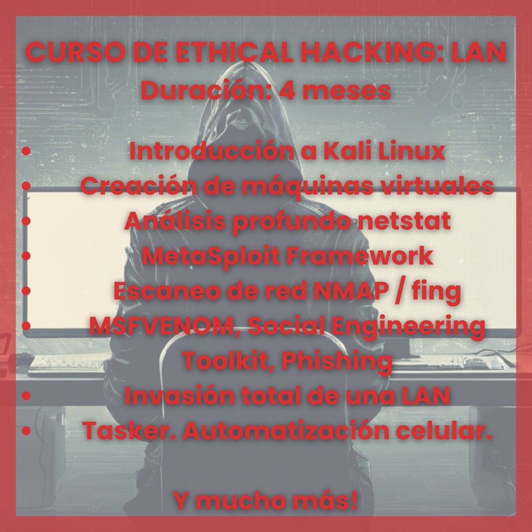 LexTech_Academy's tweet image. Curso de Ethical Hacking, LAN. Simplemente IMPERDIBLE. La diferencia en cuanto a calidad de contenido con otros cursos de Hacking es gigantesca. Hemos espiado / nos hemos infiltrado en suficientes cursos de otras empresas para poder afirmar esto! Aprendé a hackear EN SERIO!