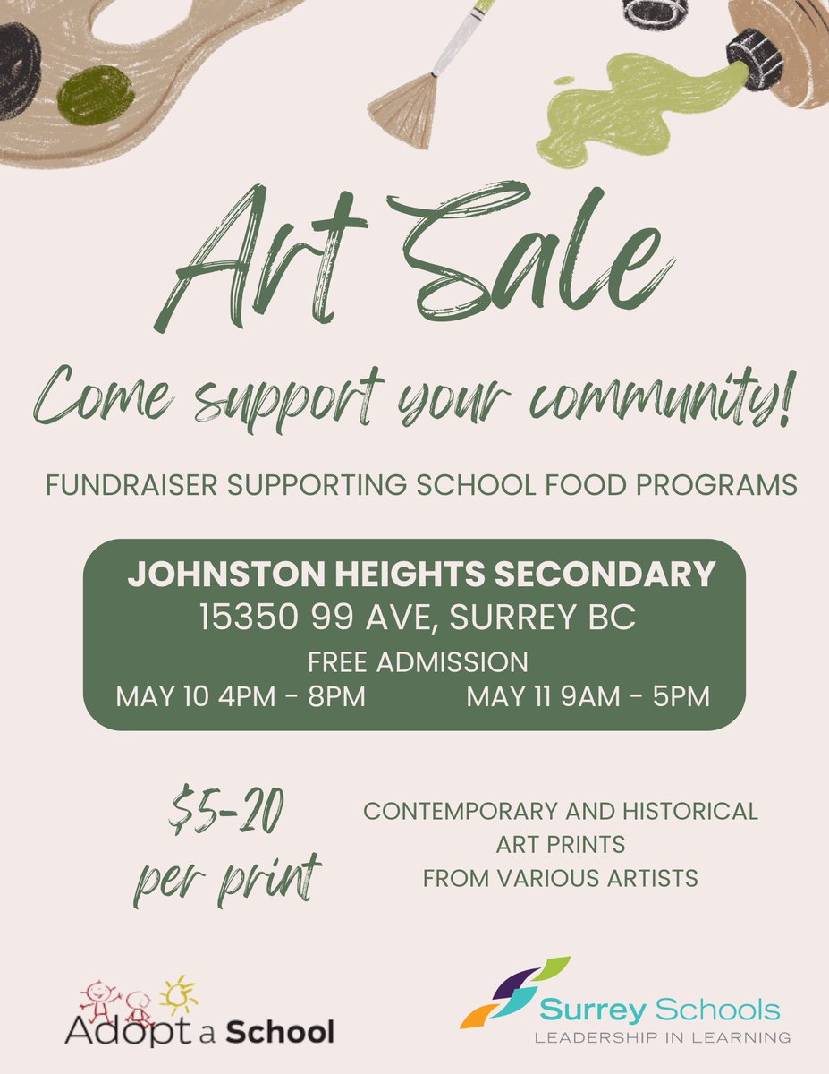 Come out to support @JohnstonHeights at their art fundraiser supporting school meal programs! All money raised is donated back to the JH school community and @VanSunKidsFund @Surrey_Schools  #sd36