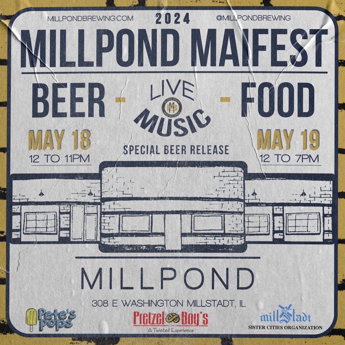 Two and a half weeks away from Millpond Maifest! Join us for live music, food, and a special beer release making it’s debut at Millpond, plus plenty of celebrating in #Millstadt May 18 & 19th at the #brewery

Enjoy brats and potato pancakes from Millstadt Sister Cities,