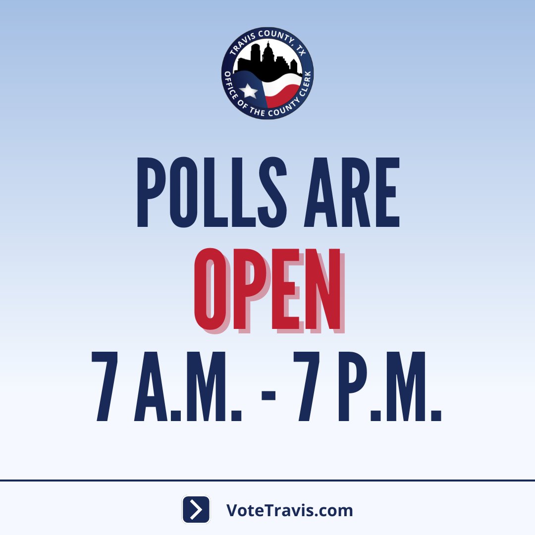 The polls are now open for the May 4 General and Special Elections!

All locations are open until 7 p.m. Anyone in line by 7 p.m. should stay in line. Find your most convenient polling location at VoteTravis.com. 

#ElectionDay #traviscounty