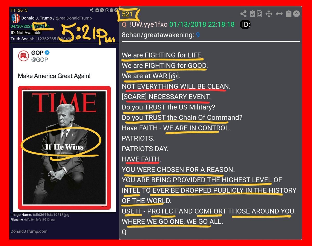 💥💥💥BOOOOOM💥💥💥 ‼️TRUMP JUST POST IT AGAIN‼️ At 5:21PM EST ##521 We are FIGHTING for LIFE. We are FIGHTING for GOOD. We are at WAR [@]. NOT EVERYTHING WILL BE CLEAN. [SCARE] NECESSARY EVENT. Do you TRUST the US Military? Do you TRUST the Chain Of Command? Have FAITH - WE ARE…