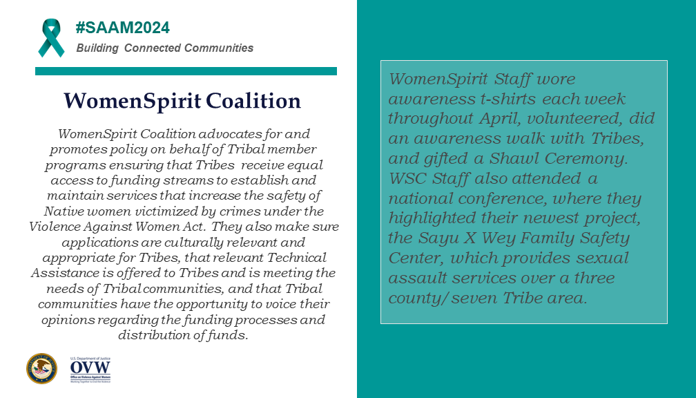 OVWJustice's tweet photo. OVW closes out the observance of #SexualAssaultAwarenessMonth by uplifting the work of Tribal grantees that support survivors and work to end sexual assault. #BuildingConnectedCommunities #SAAM2024 https://t.co/U3Zd8nwwwm