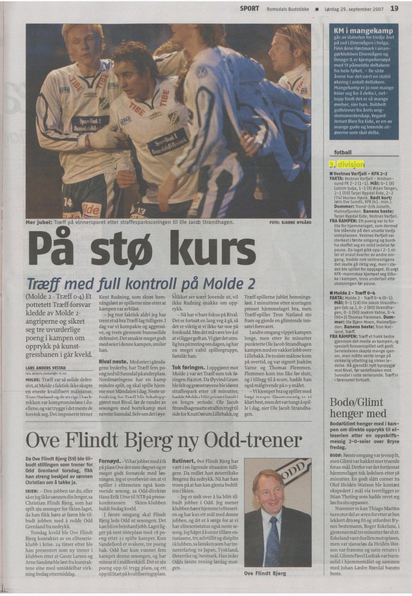 JanRagnvald's tweet image. Og det går da bra det også. 4-0 vinner Træff mot Molde 2. Træff har nå 5 poeng ned til Sunndal som har én kamp mindre spilt. Kent Rudning mener han aldri har trent et bedre Træff-lag. Trån Natland ruver i forsvaret. Nå venter seriefinale mot Sunndal.