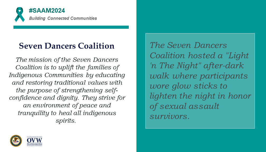 OVWJustice's tweet photo. OVW closes out the observance of #SexualAssaultAwarenessMonth by uplifting the work of Tribal grantees that support survivors and work to end sexual assault. #BuildingConnectedCommunities #SAAM2024 https://t.co/U3Zd8nwwwm