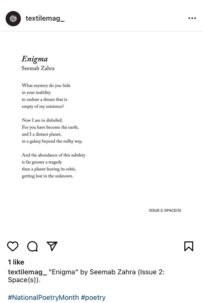 Honoured to be featured by @textilemag_ for #NationalPoetryMonth on IG.